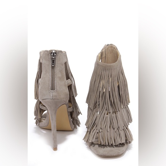 Taupe "Radiohead" Faux Suede Fringe Open Toe Heeled Sandals - Picture 3 of 12